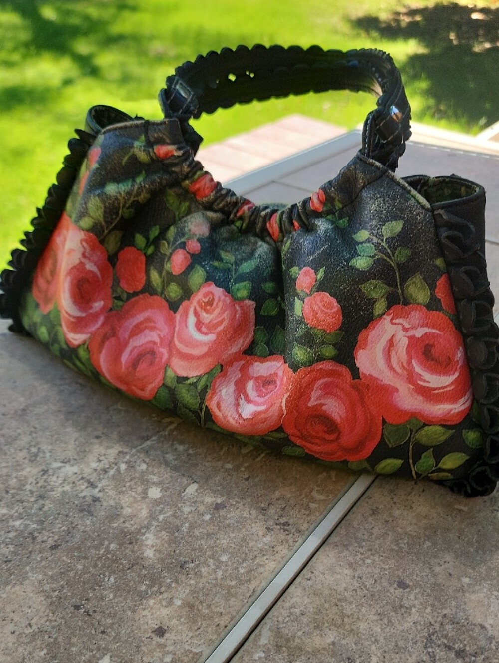 Black Floral Rose-Print Shoulder Bag